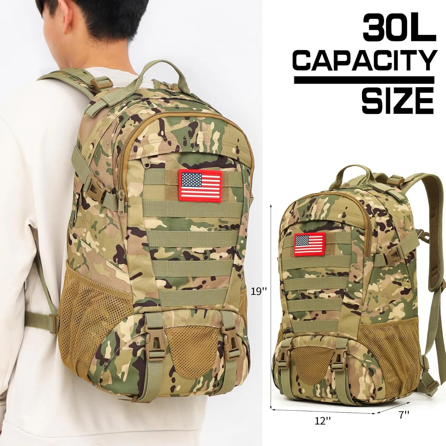 Camo Backpack,Military Tactical Backpack for Men with Flag Patch,30L School Backpack for Outdoor