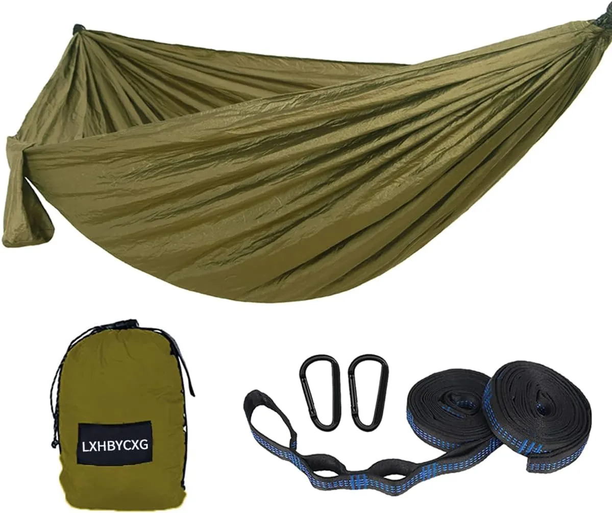 Camping Hammock Double & Single Portable Hammocks Ultralight Nylon Parachute Hammocks with 2 Tree Straps for Backpacking, Travel, Beach, Backyard, Camping, Hiking (Large, Army Green)