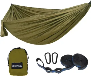 Camping Hammock Double & Single Portable Hammocks Ultralight Nylon Parachute Hammocks with 2 Tree Straps for Backpacking, Travel, Beach, Backyard, Camping, Hiking (Large, Army Green)