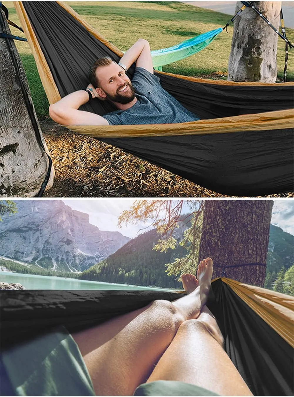 Camping Hammock Double & Single Portable Hammocks Ultralight Nylon Parachute Hammocks with 2 Tree Straps for Backpacking, Travel, Beach, Backyard, Camping, Hiking (Large, Army Green)