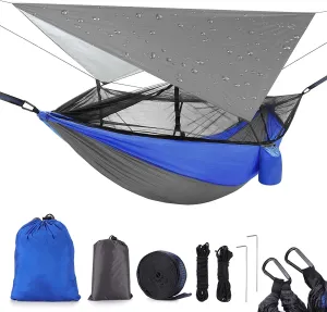Camping Hammock with Mosquito Net & Rain Fly Tent Tarp & Tree Straps Portable Strong Nylon Hammock Parachute Tent w/Storage Bag for Camping Hiking Backyard Outdoor Backpacking Travel