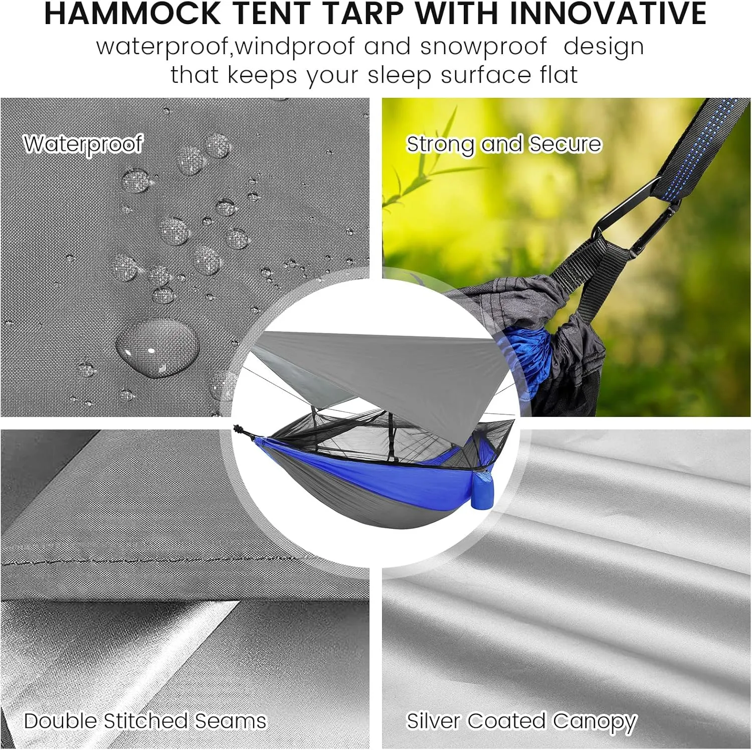 Camping Hammock with Mosquito Net & Rain Fly Tent Tarp & Tree Straps Portable Strong Nylon Hammock Parachute Tent w/Storage Bag for Camping Hiking Backyard Outdoor Backpacking Travel