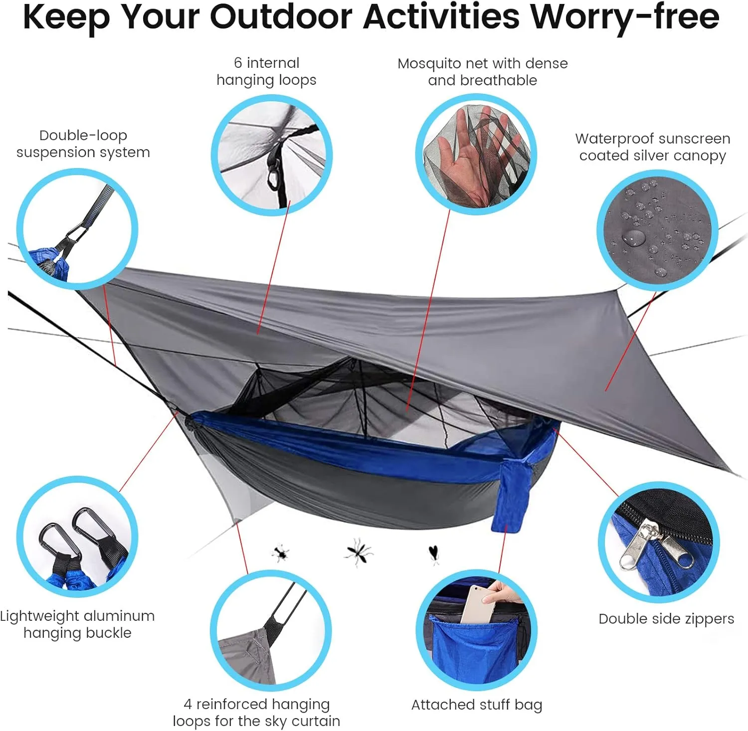 Camping Hammock with Mosquito Net & Rain Fly Tent Tarp & Tree Straps Portable Strong Nylon Hammock Parachute Tent w/Storage Bag for Camping Hiking Backyard Outdoor Backpacking Travel