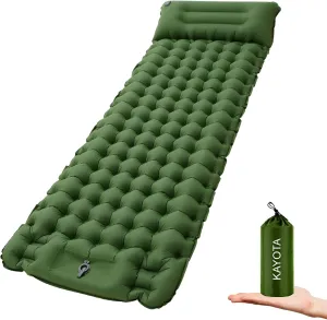 Camping Pad Inflatable Sleeping Pad for Camping with Pillow, Foot Press Ultralight Sleeping Pads for Olive Green 4inch THICK, SINGLE
