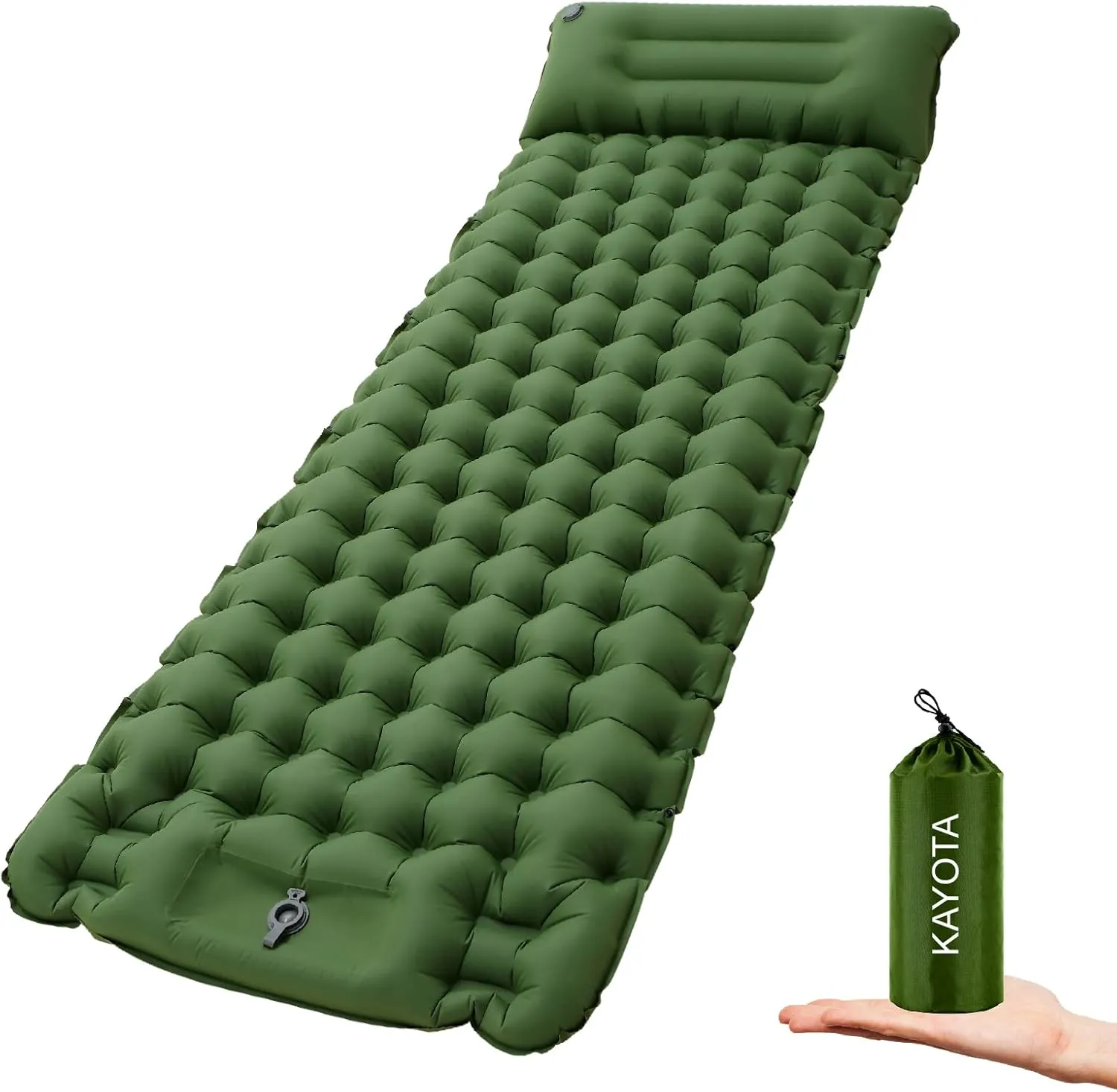 Camping Pad Inflatable Sleeping Pad for Camping with Pillow, Foot Press Ultralight Sleeping Pads for Olive Green 4inch THICK, SINGLE