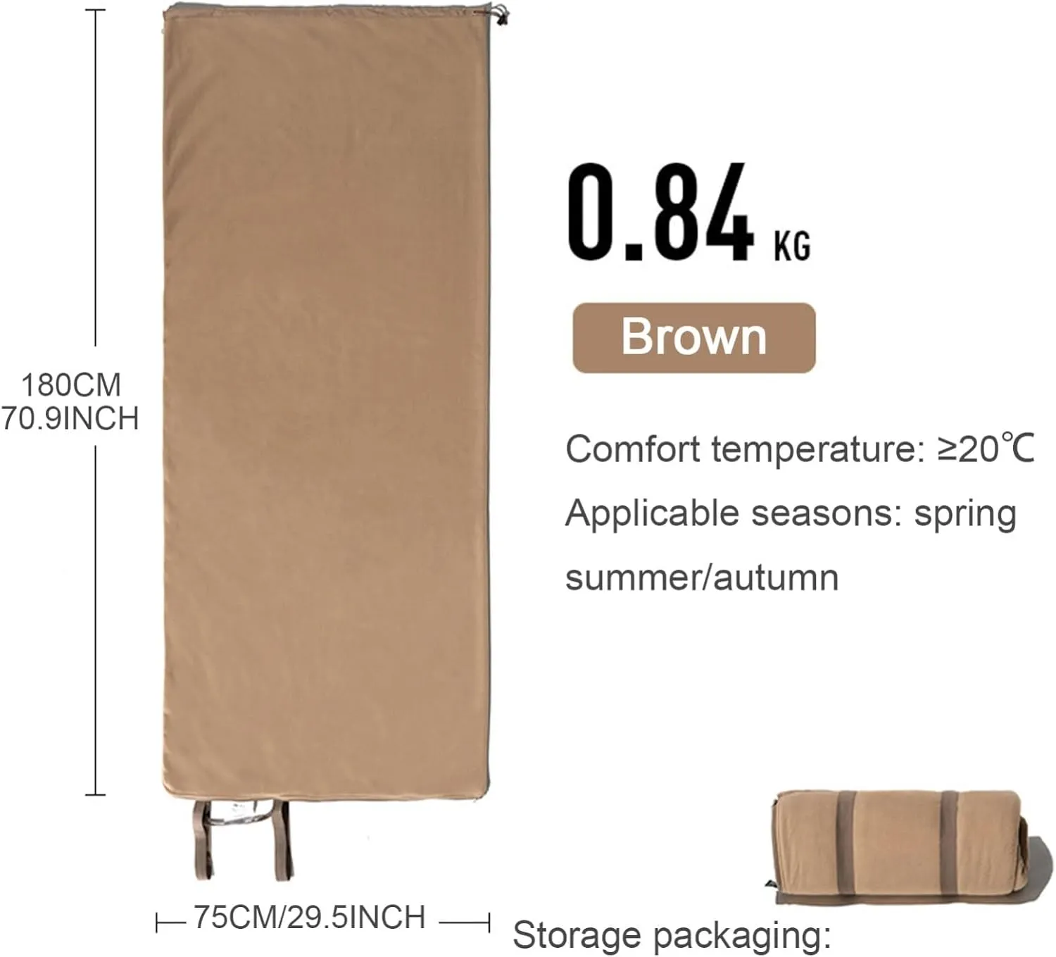 Camping Sleeping Bag Liner, Portable Ultralight Warm Windproof Zippered Rectangle Sleeping Bag for Outdoor Indoor All Season(Brown)