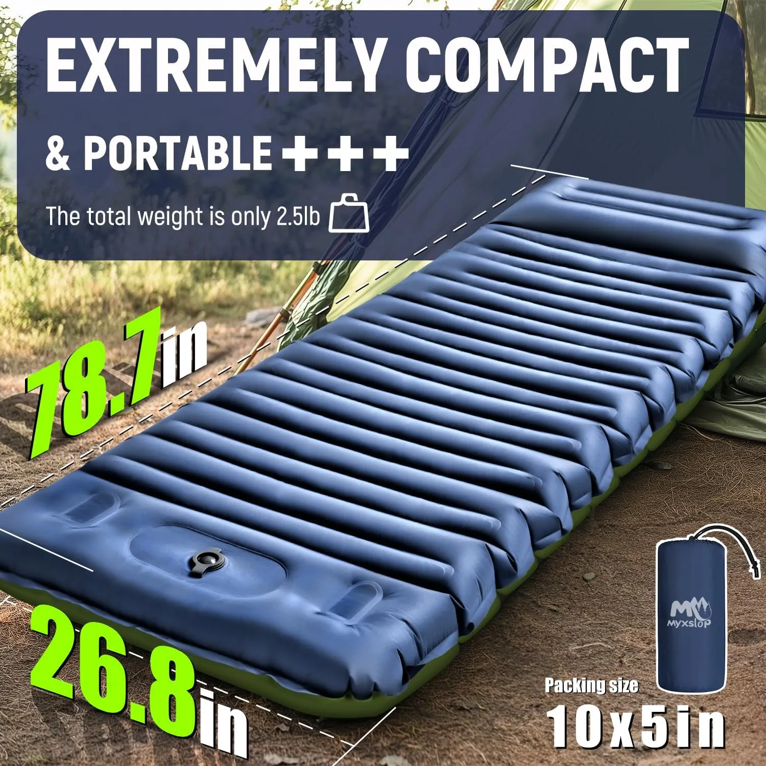 Camping Sleeping Pad, 5 Inch Thick Mat with Built-in Pillow, Foot Pump, Ultralight Inflatable for Camping, Backpacking, Hiking, Tent (Single,Blue)