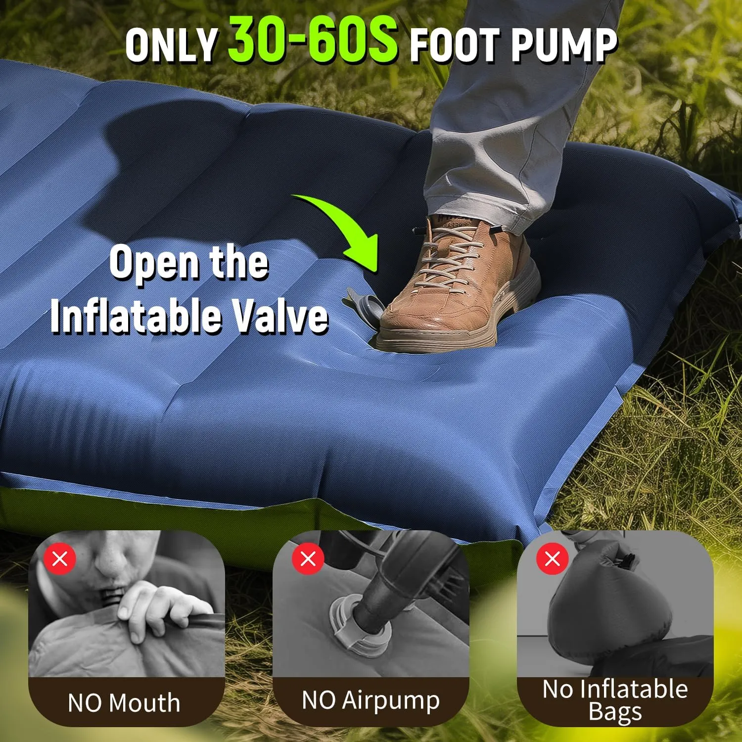 Camping Sleeping Pad, 5 Inch Thick Mat with Built-in Pillow, Foot Pump, Ultralight Inflatable for Camping, Backpacking, Hiking, Tent (Single,Blue)