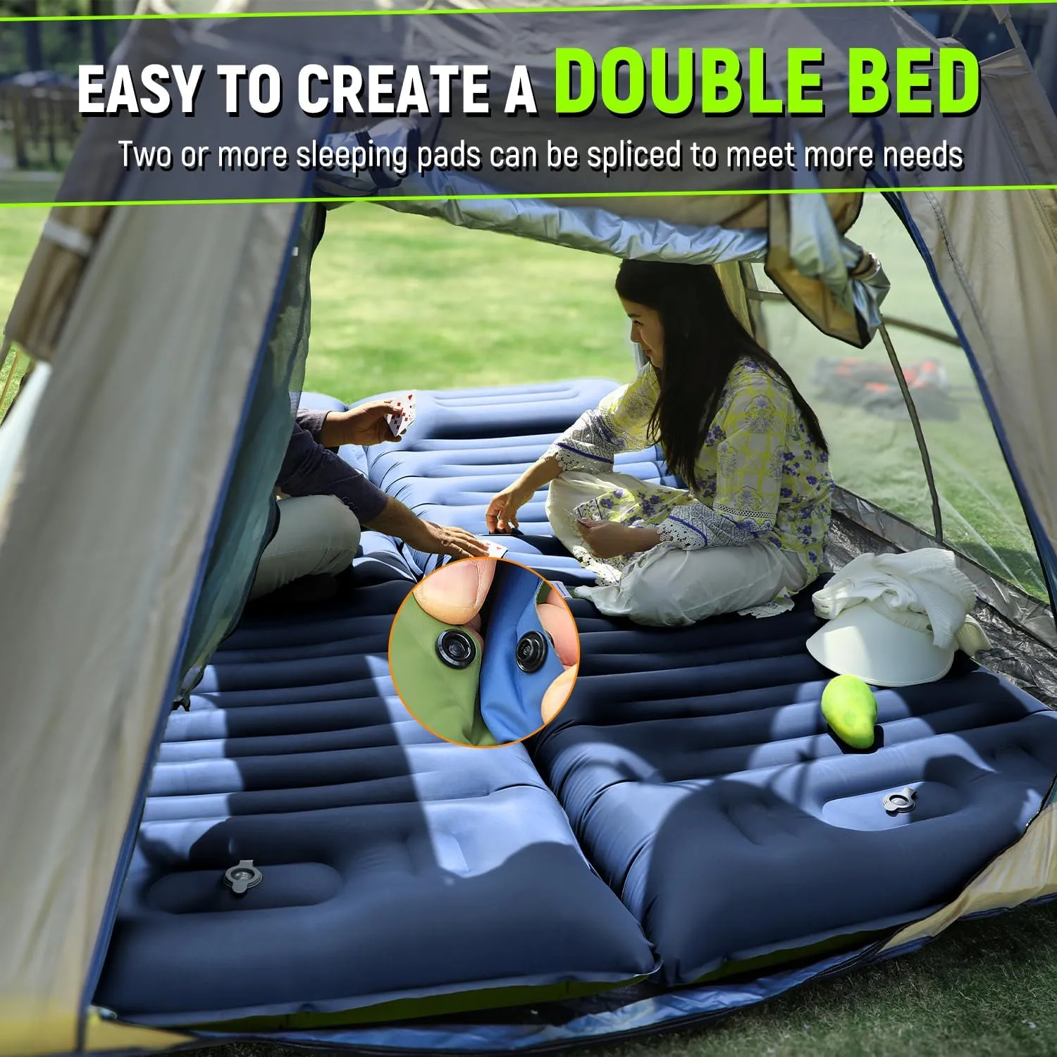 Camping Sleeping Pad, 5 Inch Thick Mat with Built-in Pillow, Foot Pump, Ultralight Inflatable for Camping, Backpacking, Hiking, Tent (Single,Blue)