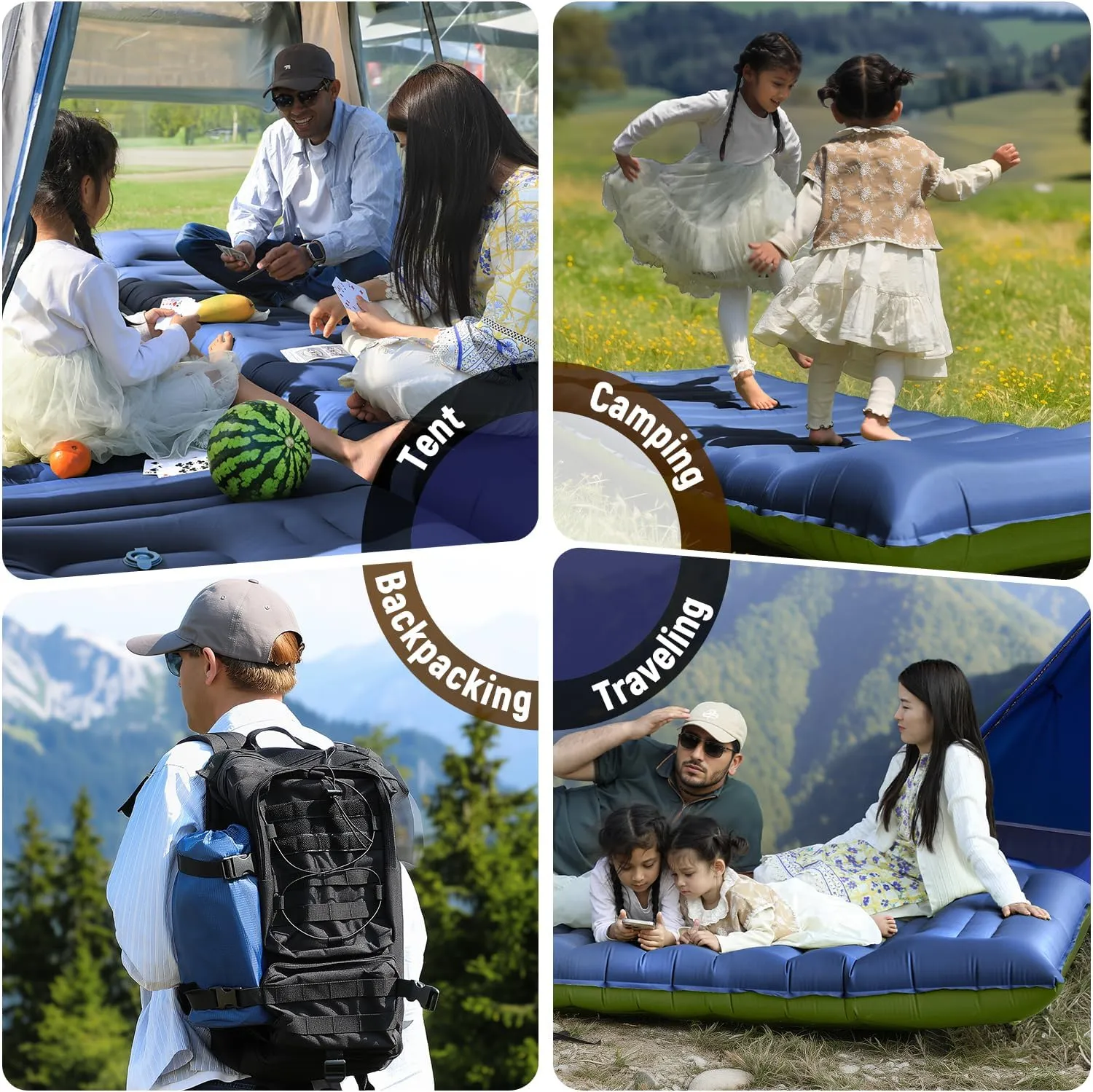 Camping Sleeping Pad, 5 Inch Thick Mat with Built-in Pillow, Foot Pump, Ultralight Inflatable for Camping, Backpacking, Hiking, Tent (Single,Blue)