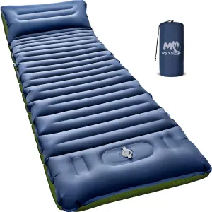 Camping Sleeping Pad, 5 Inch Thick Mat with Built-in Pillow, Foot Pump, Ultralight Inflatable for Camping, Backpacking, Hiking, Tent (Single,Blue)