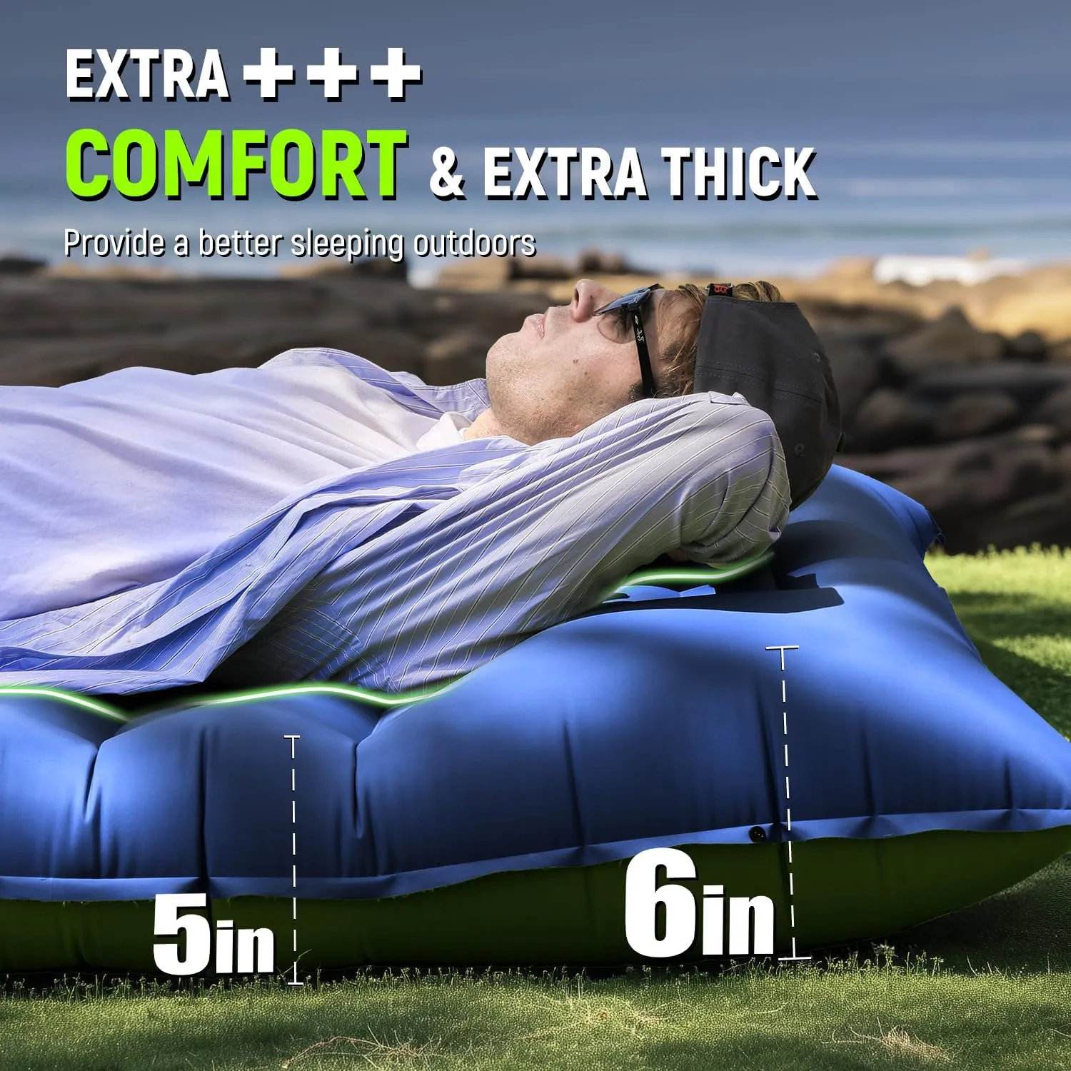 Camping Sleeping Pad, 5 Inch Thick Mat with Built-in Pillow, Foot Pump, Ultralight Inflatable for Camping, Backpacking, Hiking, Tent (Single,Blue)