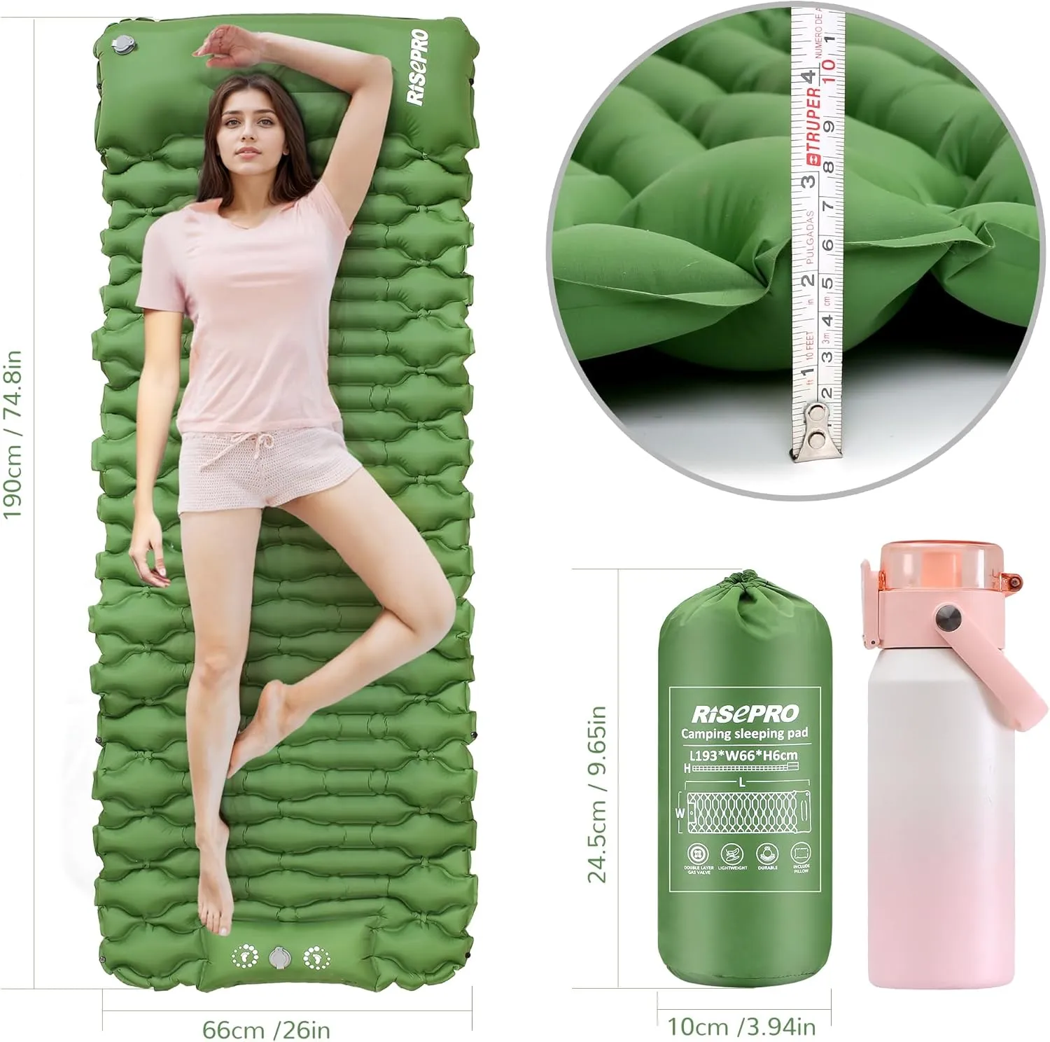 Camping Sleeping Pad Air Mattress - Inflatable Ultralight Ergonomic Design Compact Airpad Backpacking Hiking Outdoor Activities Green