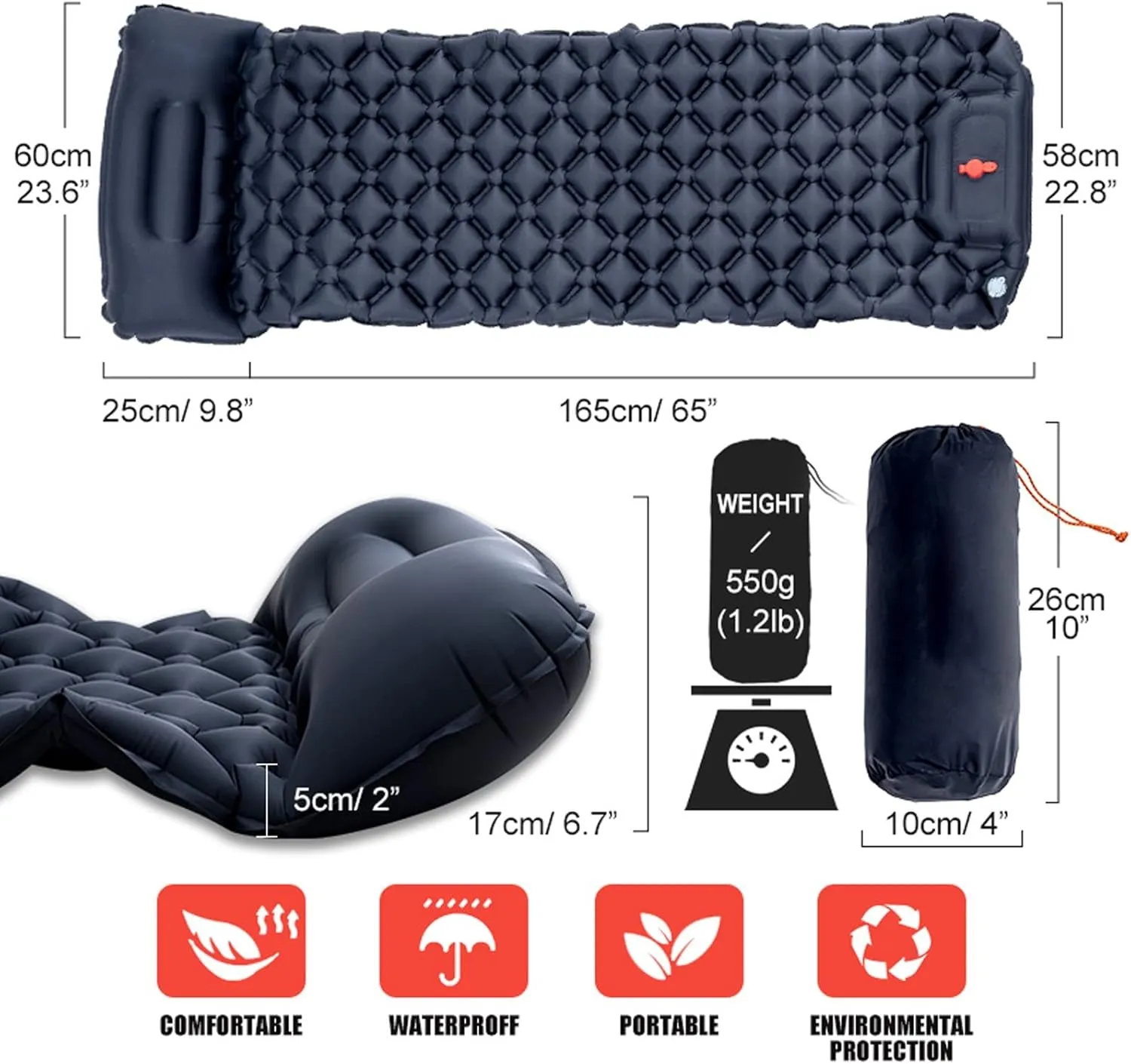 Camping Sleeping Pad, Outdoor Camping Sleeping Pad Inflatable Mattress with Pillows Ultralight Air Mat Built-in Inflator Pump Travel Hiking