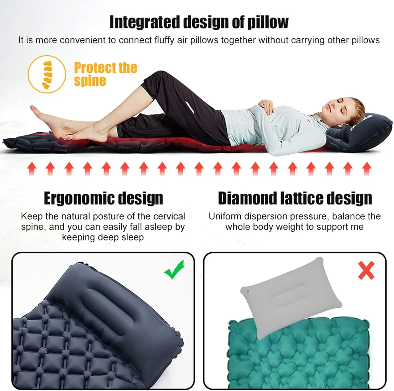 Camping Sleeping Pad, Outdoor Camping Sleeping Pad Inflatable Mattress with Pillows Ultralight Air Mat Built-in Inflator Pump Travel Hiking