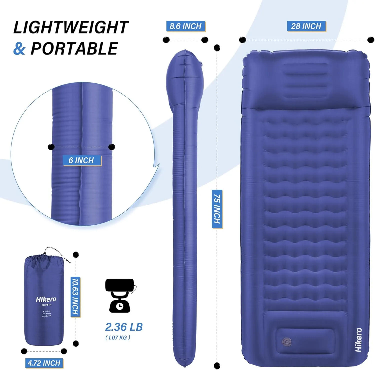 Camping Sleeping Pad, Ultra Thickness 6 Inch Inflatable Sleeping Mat with Built-in Foot Pump, Ultralight Camping Mattress for Backpacking, Hiking, Tent (Blue)