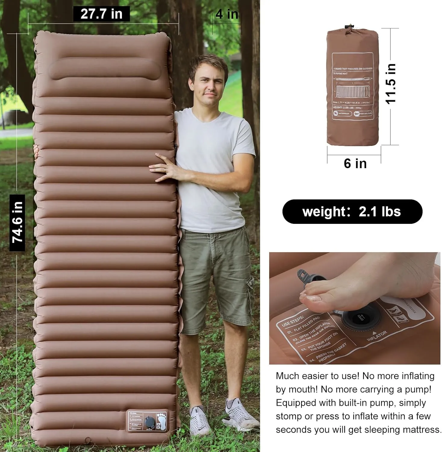 Camping Sleeping Pad Ultralight Camping Mat Air Mattress Built-in Pump Durable Waterproof Inflatable Compact Sleeping Mat for Outdoor Backpacking Hiking