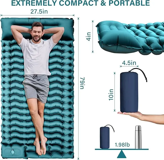 Camping Sleeping Pad, Ultralight Camping Mat with Pillow Built-in Foot Pump Inflatable Sleeping Pads Compact for Camping Backpacking Hiking Traveling - Dark Green