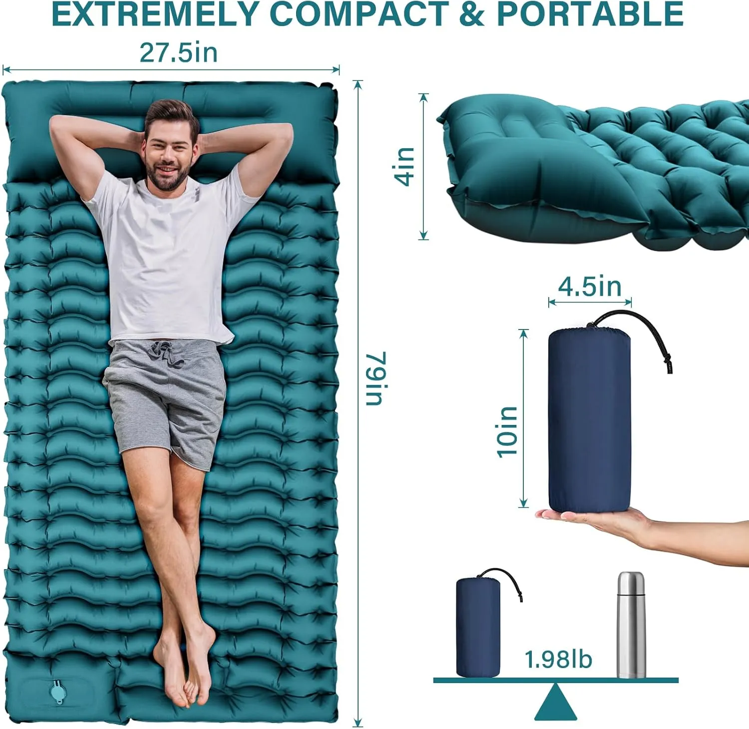 Camping Sleeping Pad, Ultralight Camping Mat with Pillow Built-in Foot Pump Inflatable Sleeping Pads Compact for Camping Backpacking Hiking Traveling Tent