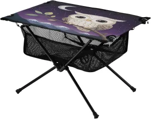 Camping Table Lightweight Portable Folding Table with Mesh Storage Net Owl Purple Moon Ideal for Camping Hiking Beach Picnic Travel Backyard