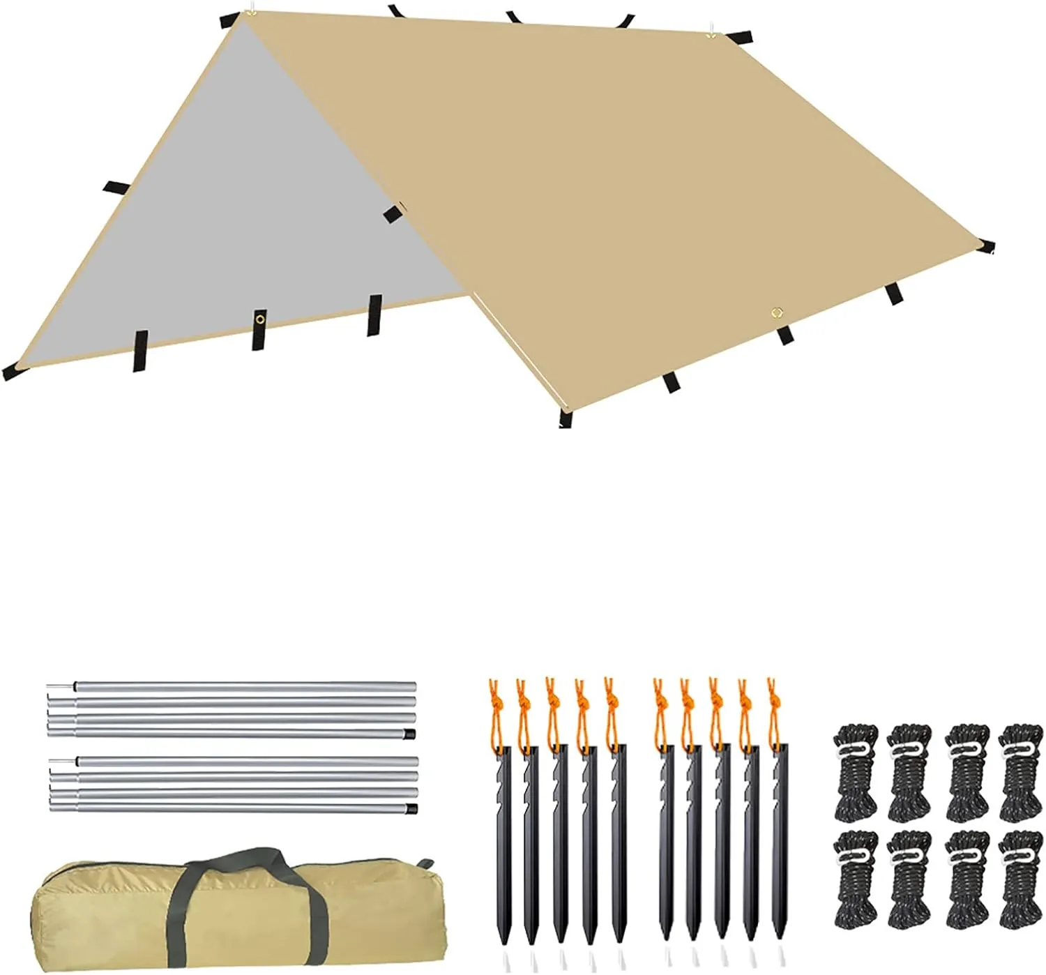 Camping Tarp Beige, Outdoor Awning Canopy, Ultralight Camping Shelter, Camping Hammock Rain Fly, Portable Waterproof Sunshade for Hiking Backpacking