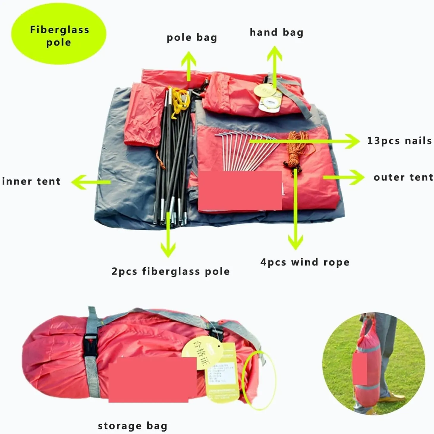 Camping tent Backpacking Waterproof Tent, Fiberglass Poles Double Layer Family Camping Instant Setup Tent for Hiking, Red