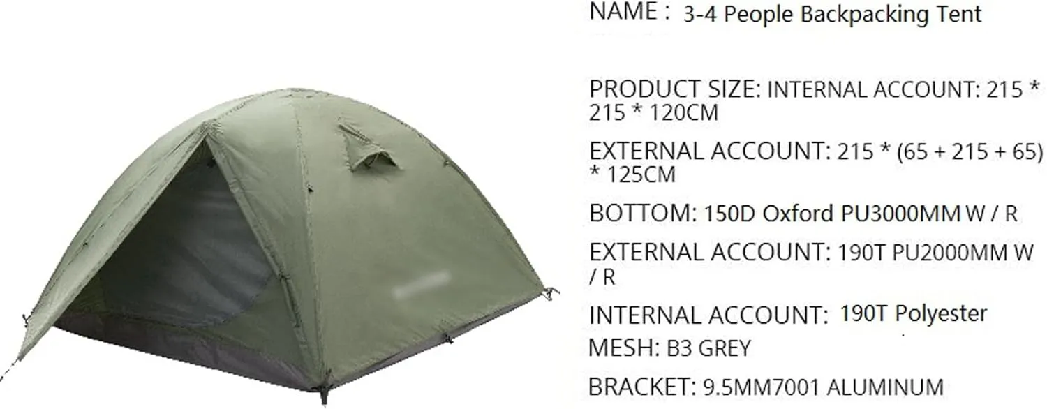 Camping Tents, 3 People Backpacking Tent Outdoor Camping 4 Season Winter Skirt Tent Double Layer Waterproof Hiking Survival (Color : Green, Size : 3 Season)
