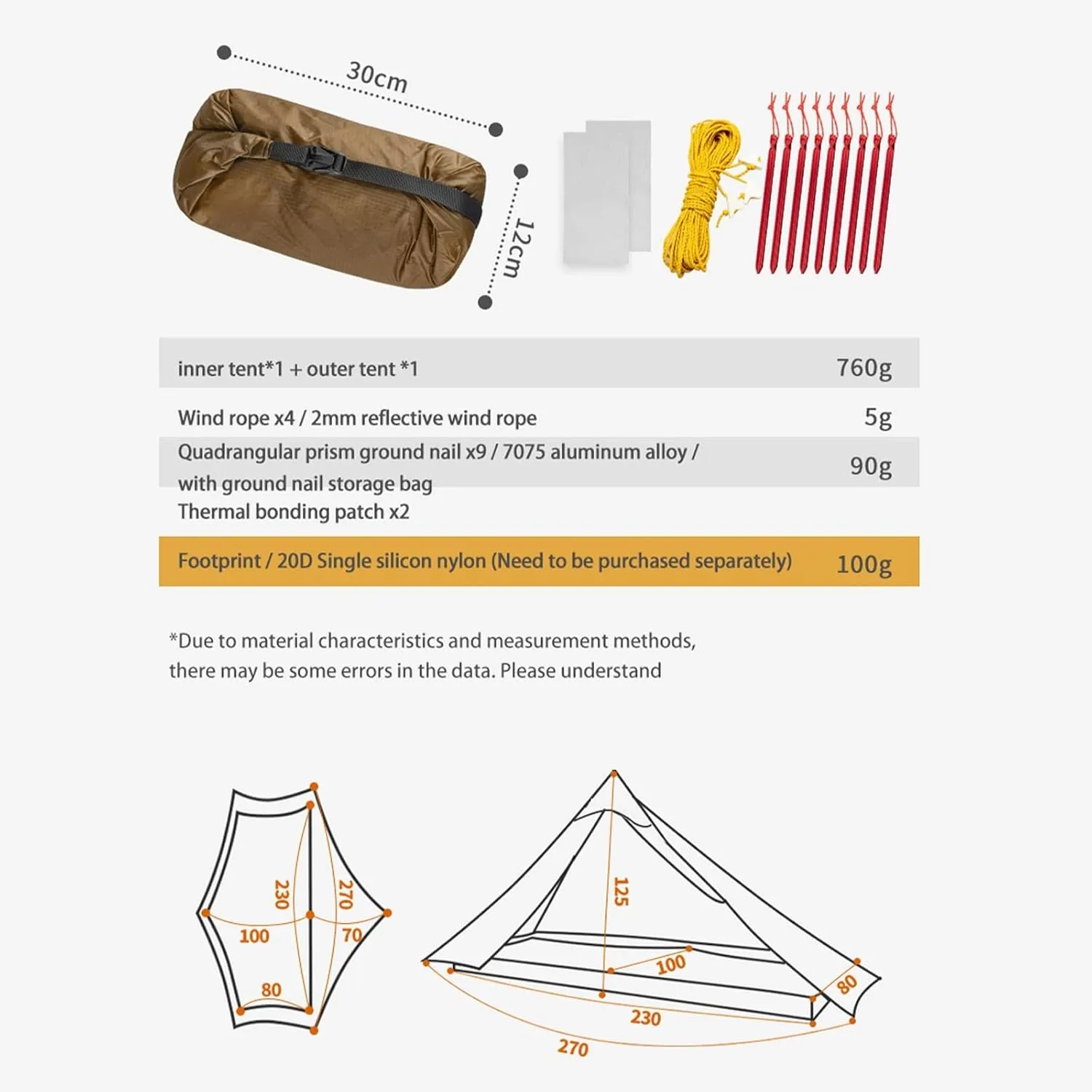 Camping Tents,2022 New Version 230cm Ultralight Camping 3/4 Season 15d Silnylon Rodless Tent (Color : Khaki, Size : 1P 4 Season)