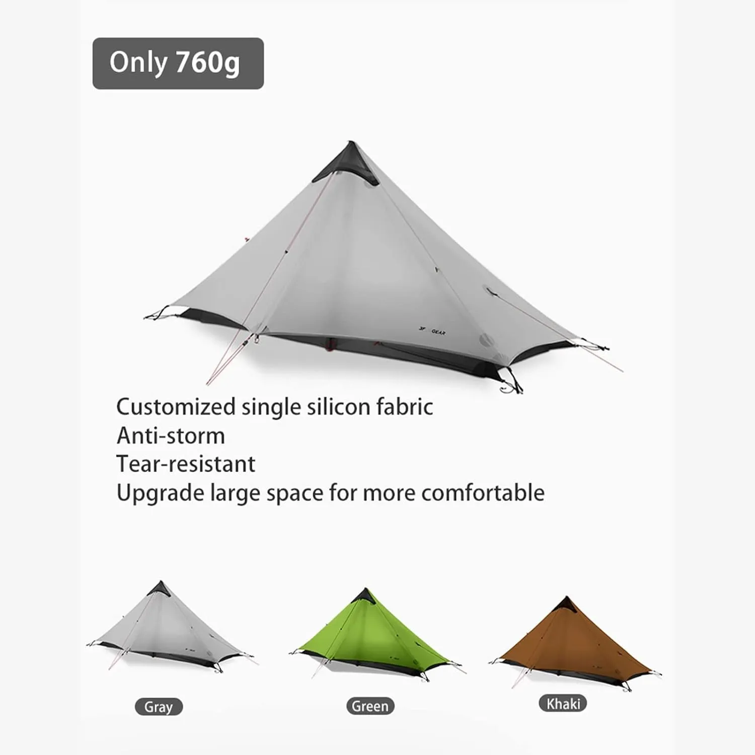 Camping Tents,2022 New Version 230cm Ultralight Camping 3/4 Season 15d Silnylon Rodless Tent (Color : Khaki, Size : 1P 4 Season)