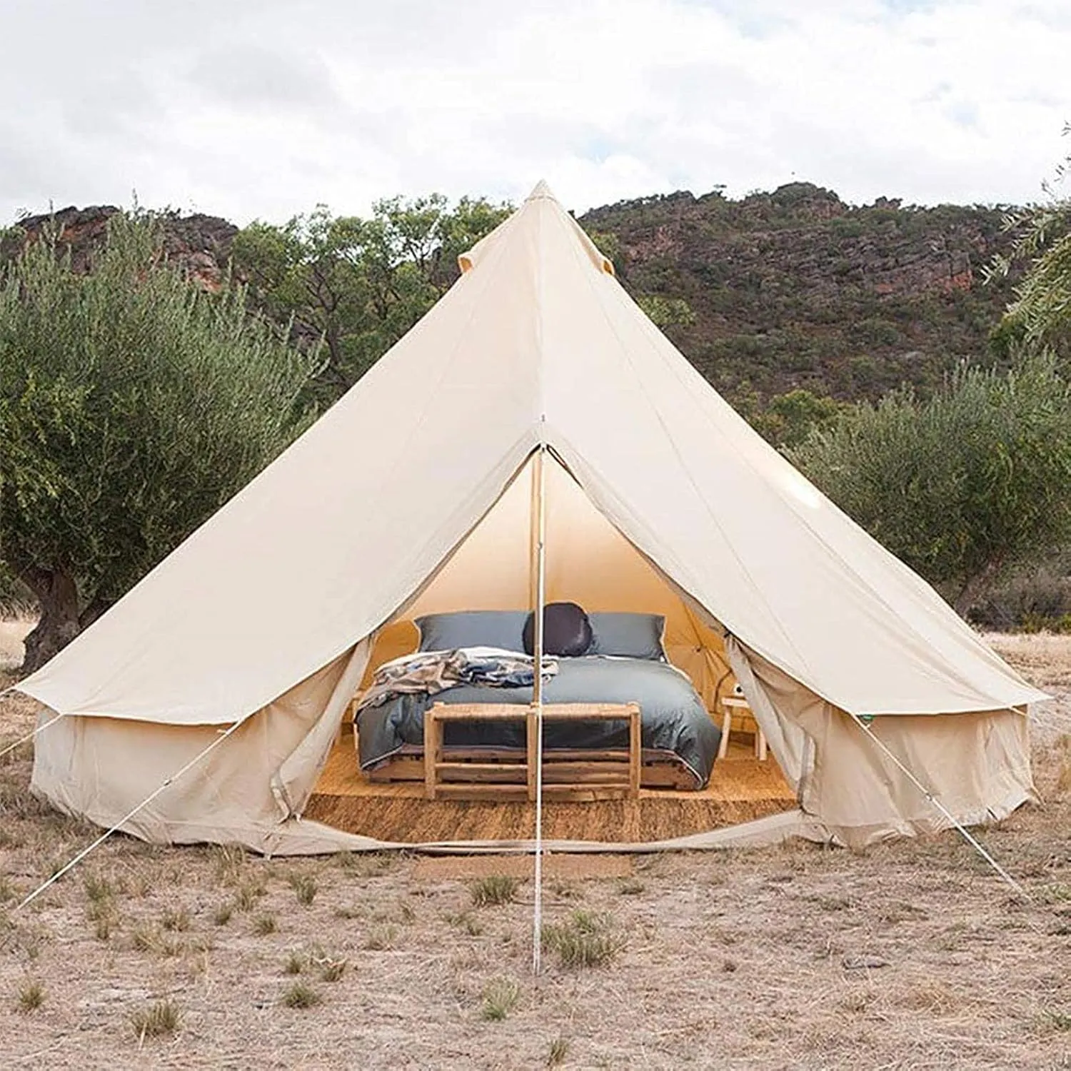 Canvas Tent with Stove Hole, Cotton Canvas Tent, Yurt Tent for Camping, Waterproof 4 Seasons Tent for Family Camping, Outdoor Glamping, Luxury Teepee