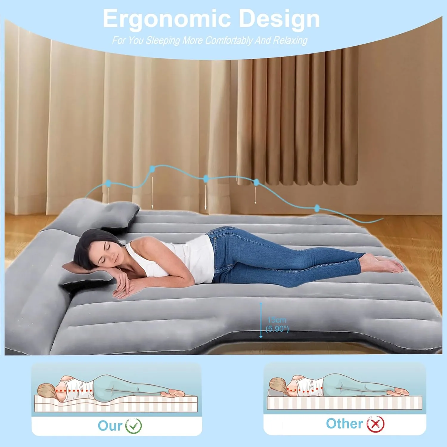 Car Air Mattress Camping Bed, Inflatable Car Mattress for Model Y SUV Truck Backseat Trunk, Portable Air Bed Sleeping Pad Tent Mat Foldable Mattress for Camping Travel Home 195 * 130cm (Grey)