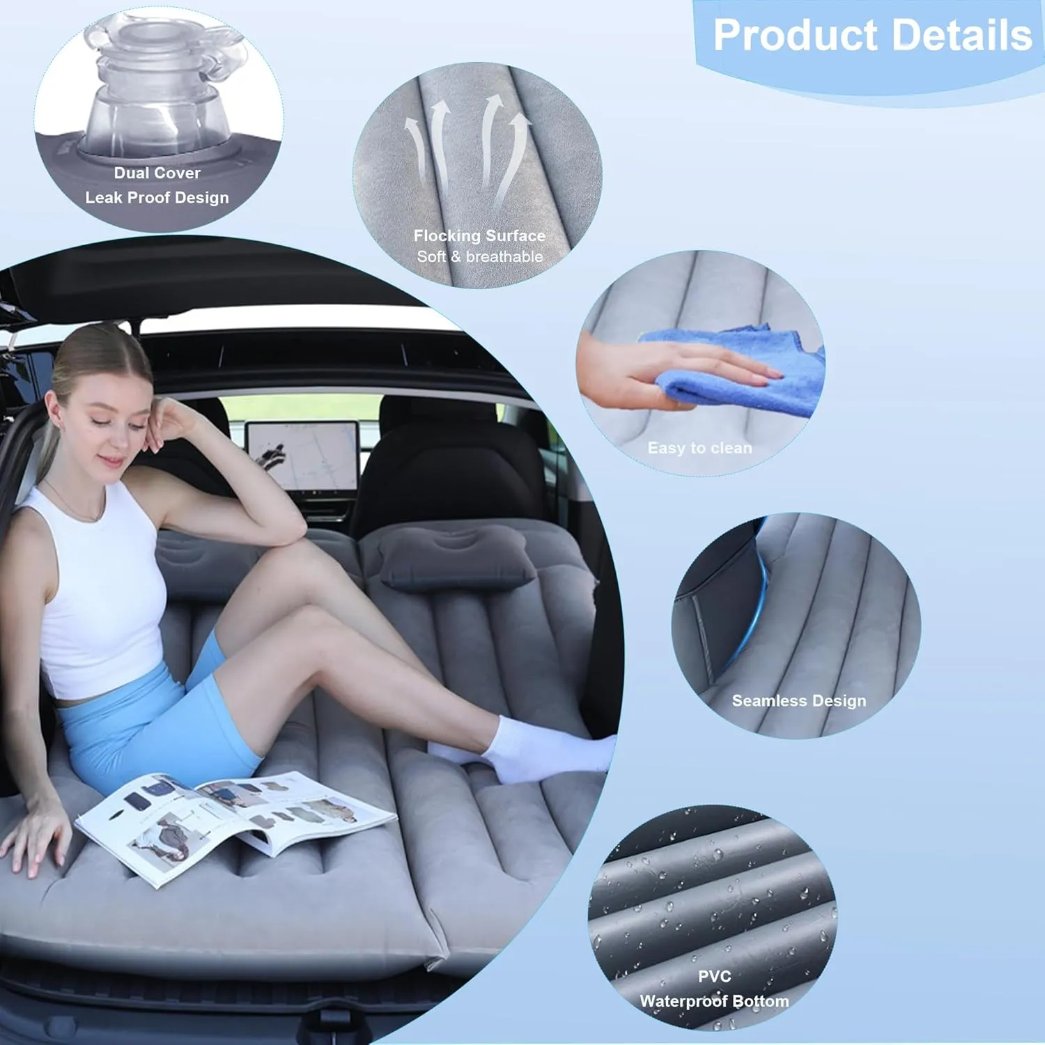 Car Air Mattress Camping Bed, Inflatable Car Mattress for Model Y SUV Truck Backseat Trunk, Portable Air Bed Sleeping Pad Tent Mat Foldable Mattress for Camping Travel Home 195 * 130cm (Grey)