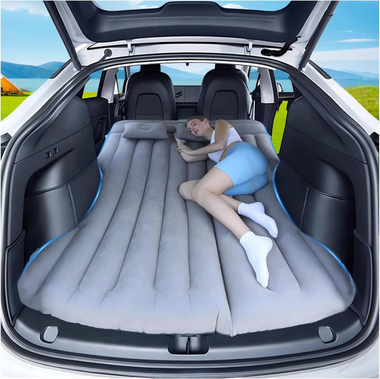 Car Air Mattress Camping Bed, Inflatable Car Mattress for Model Y SUV Truck Backseat Trunk, Portable Air Bed Sleeping Pad Tent Mat Foldable Mattress for Camping Travel Home 195 * 130cm (Grey)