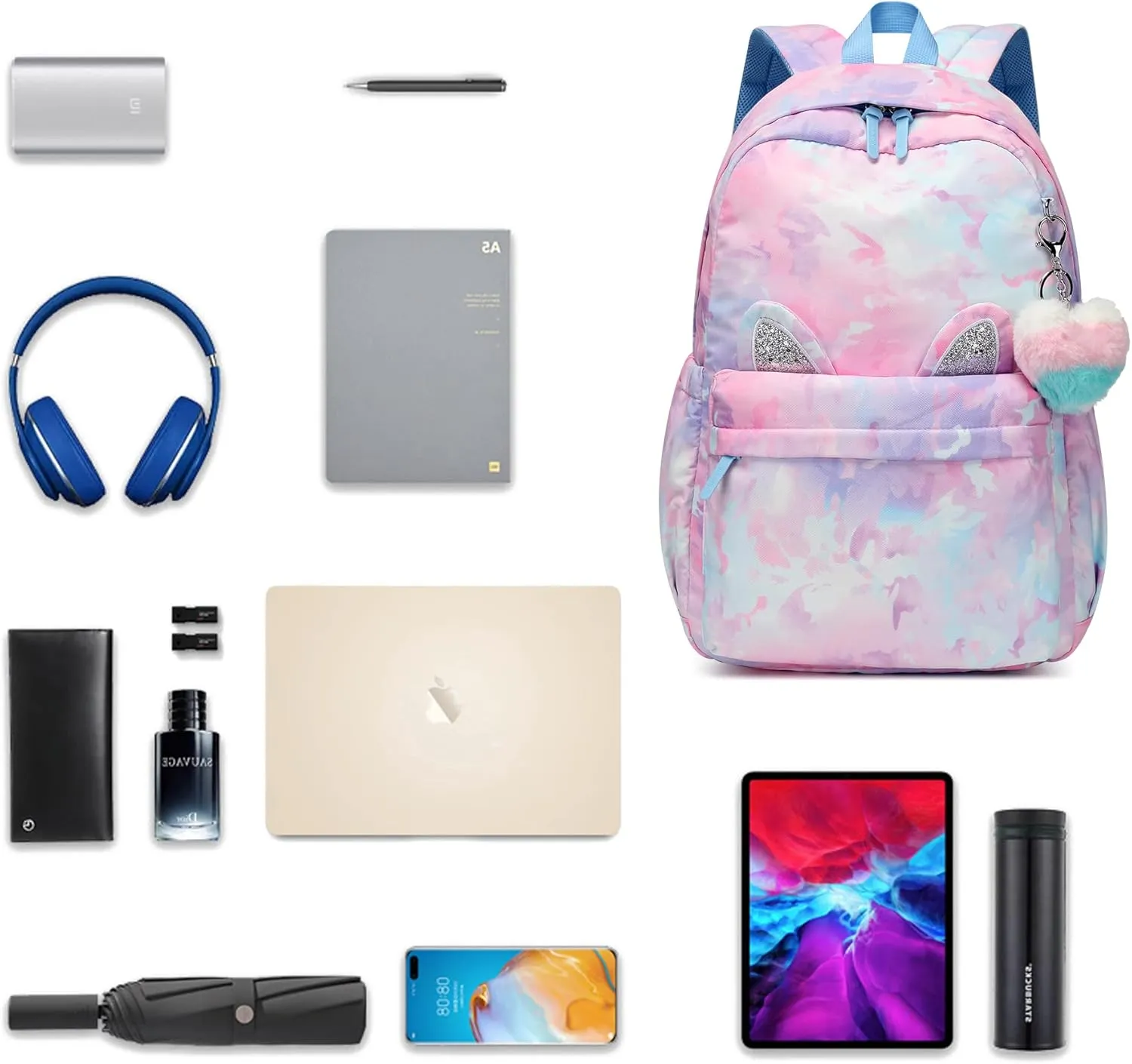 Caran·Y 30L Kids Backpack for Girls & Boys Waterproof Cat Ear School Bag Classic Large Size Lightweight Gift Aqua Blue Peach Heart Ideal for Ages 6-18-Perfect for School & Everyday Use