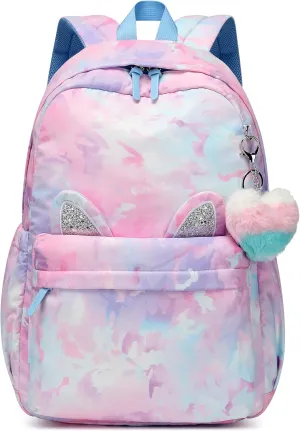 Caran·Y 30L Kids Backpack for Girls & Boys Waterproof Cat Ear School Bag Classic Large Size Lightweight Gift Aqua Blue Peach Heart Ideal for Ages 6-18-Perfect for School & Everyday Use