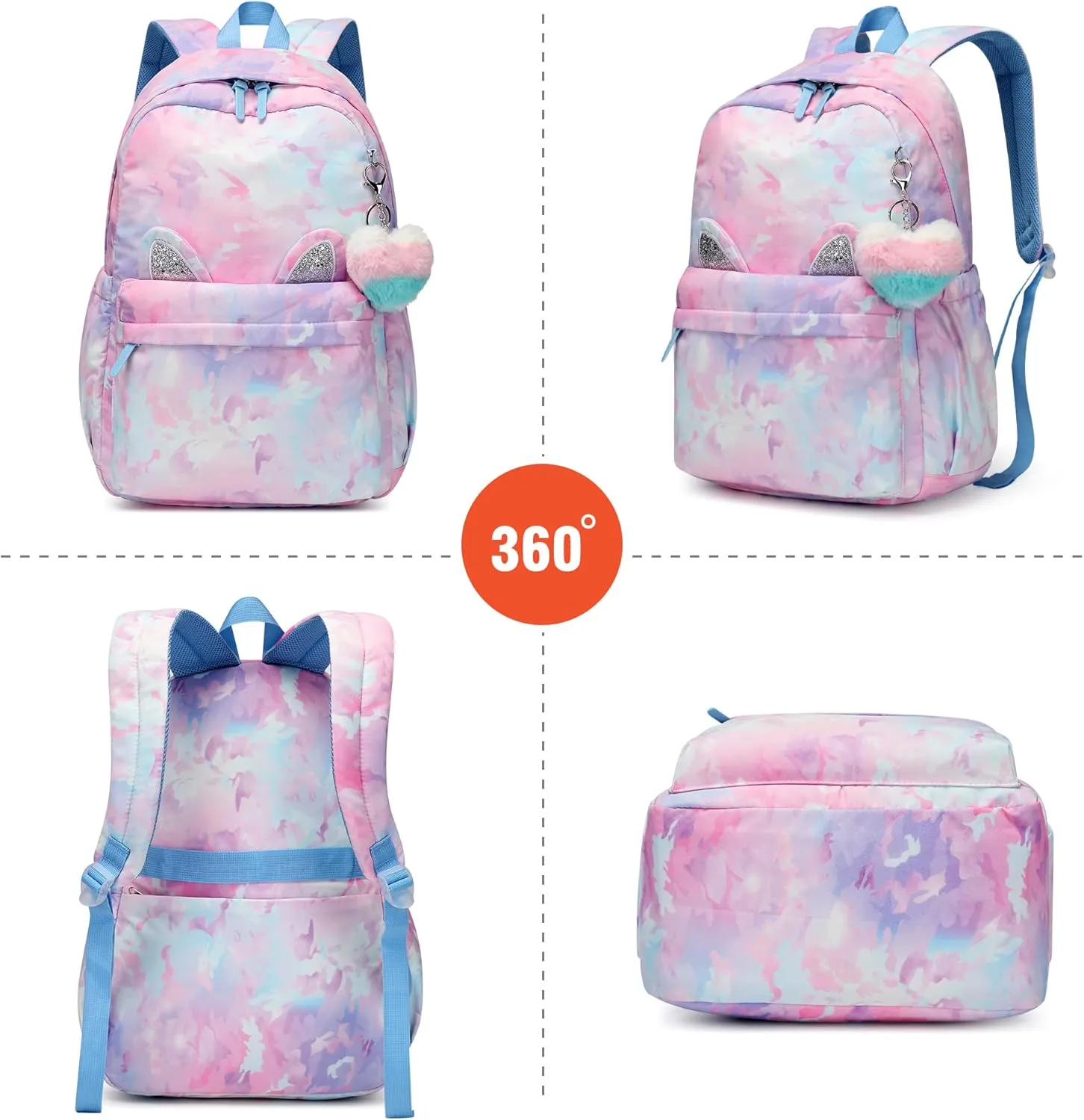 Caran·Y 30L Kids Backpack for Girls & Boys Waterproof Cat Ear School Bag Classic Large Size Lightweight Gift Aqua Blue Peach Heart Ideal for Ages 6-18-Perfect for School & Everyday Use