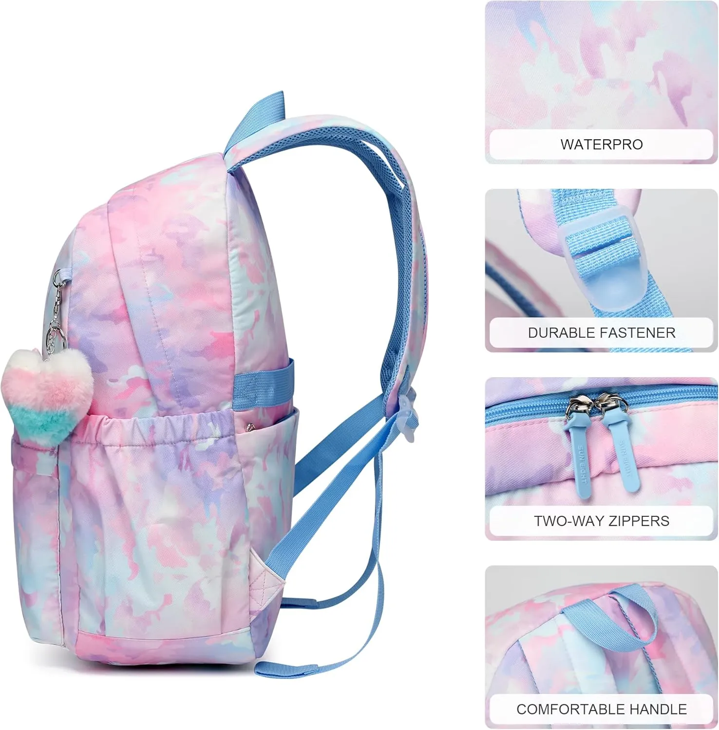 Caran·Y 30L Kids Backpack for Girls & Boys Waterproof Cat Ear School Bag Classic Large Size Lightweight Gift Aqua Blue Peach Heart Ideal for Ages 6-18-Perfect for School & Everyday Use