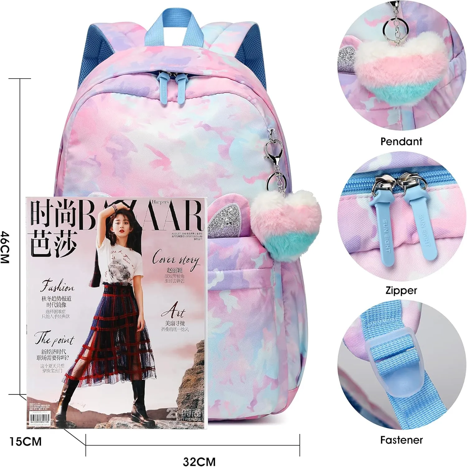Caran·Y 30L Kids Backpack for Girls & Boys Waterproof Cat Ear School Bag Classic Large Size Lightweight Gift Aqua Blue Peach Heart Ideal for Ages 6-18-Perfect for School & Everyday Use