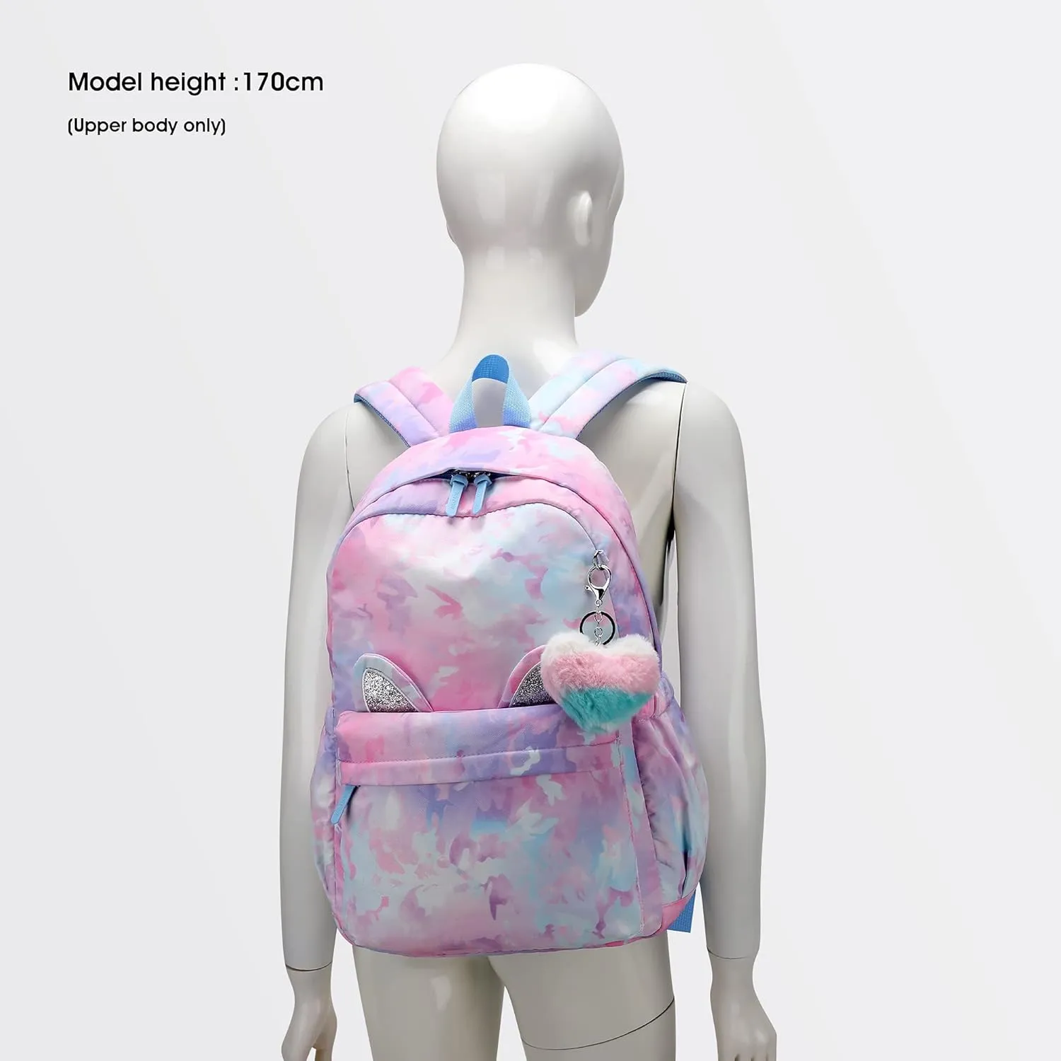 Caran·Y 30L Kids Backpack for Girls & Boys Waterproof Cat Ear School Bag Classic Large Size Lightweight Gift Aqua Blue Peach Heart Ideal for Ages 6-18-Perfect for School & Everyday Use