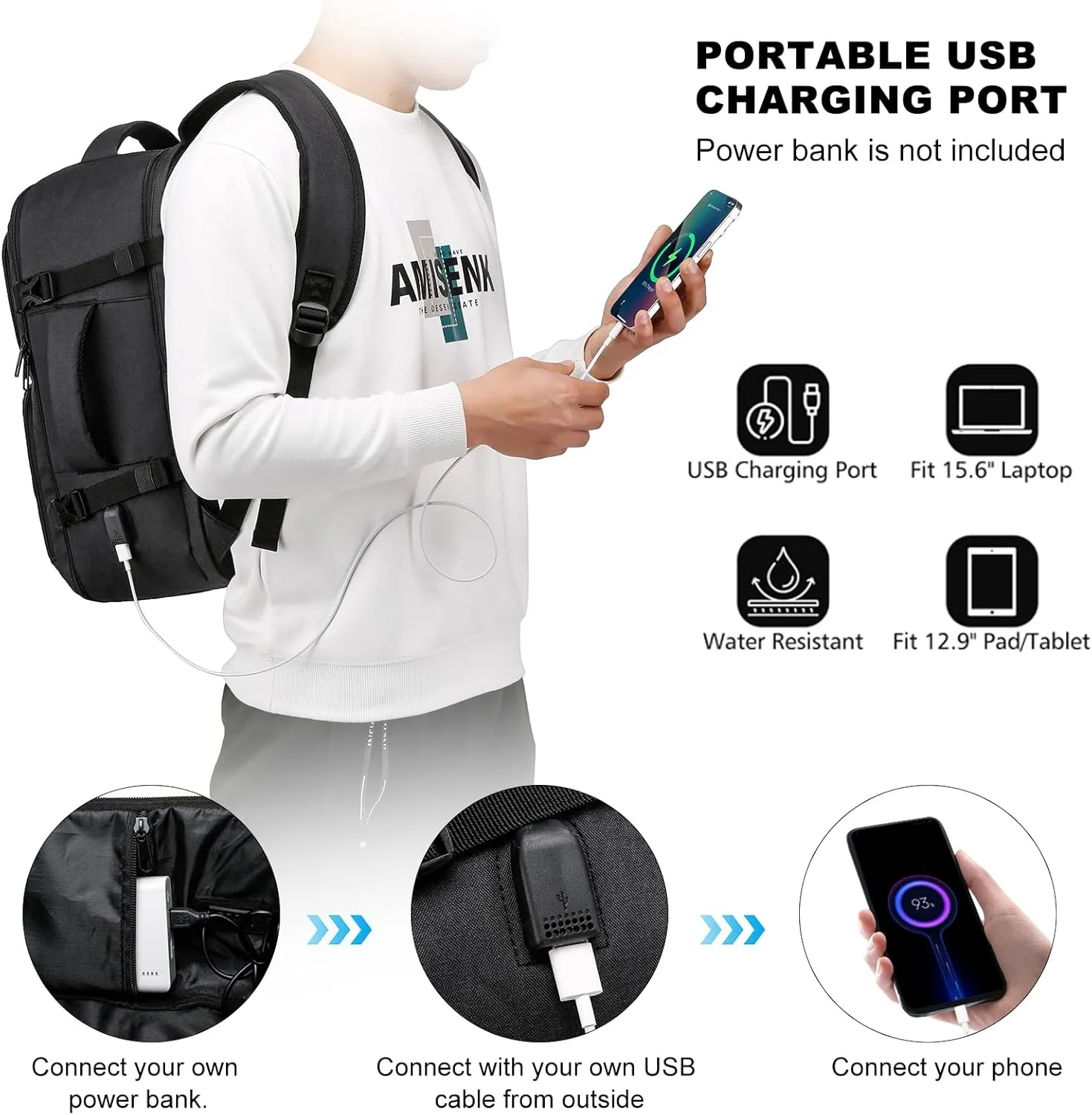 Carry On Backpack, Travel Backpack for Men Women, Personal Item Travel Bag with USB Charger, Flight-approved Laptop Backpack for Traveling, Black
