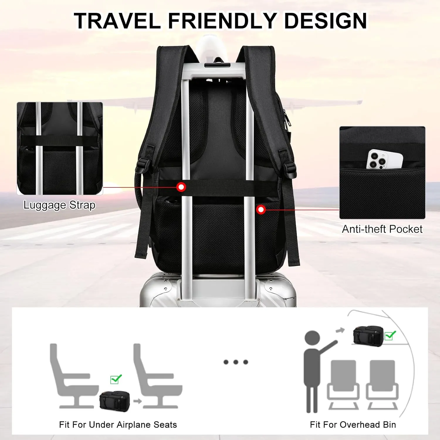 Carry On Backpack, Travel Backpack for Men Women, Personal Item Travel Bag with USB Charger, Flight-approved Laptop Backpack for Traveling, Black