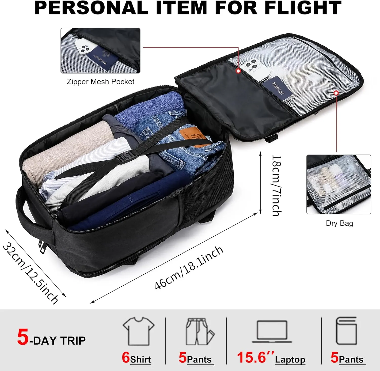 Carry On Backpack, Travel Backpack for Men Women, Personal Item Travel Bag with USB Charger, Flight-approved Laptop Backpack for Traveling, Black