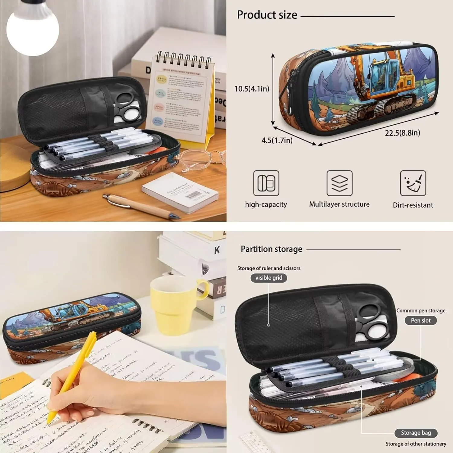 Cartoon Car Backpack for Boys 8-10, Kids Backpack with Pencil Pouch 15 Inch School Backpack with Lunch Box Set for Teens Portable Sturdy School Bag with Shoulder Strap