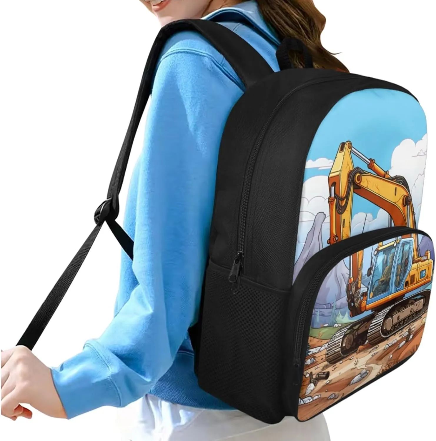 Cartoon Car Backpack for Boys 8-10, Kids Backpack with Pencil Pouch 15 Inch School Backpack with Lunch Box Set for Teens Portable Sturdy School Bag with Shoulder Strap