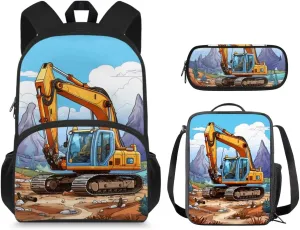 Cartoon Car Backpack for Boys 8-10, Kids Backpack with Pencil Pouch 15 Inch School Backpack with Lunch Box Set for Teens Portable Sturdy School Bag with Shoulder Strap