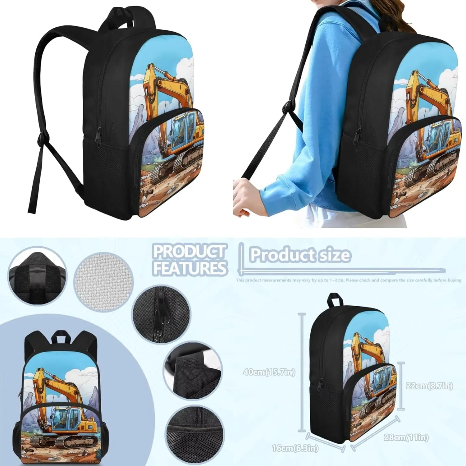 Cartoon Car Backpack for Boys 8-10, Kids Backpack with Pencil Pouch 15 Inch School Backpack with Lunch Box Set for Teens Portable Sturdy School Bag with Shoulder Strap