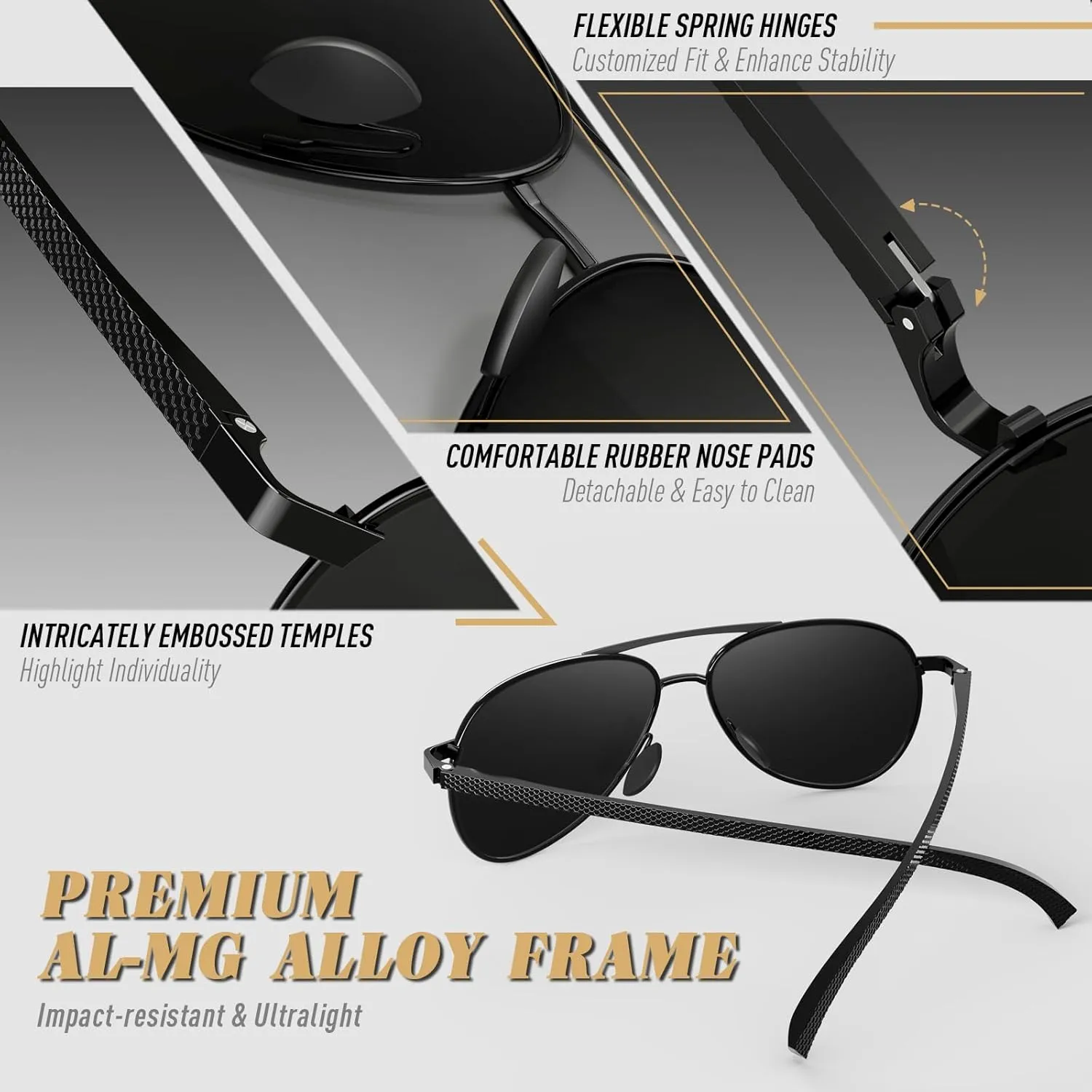 CGID Premium Al-Mg Alloy Pilot Polarized Sunglasses UV400, Spring Hinges Sun Glasses for Men Women