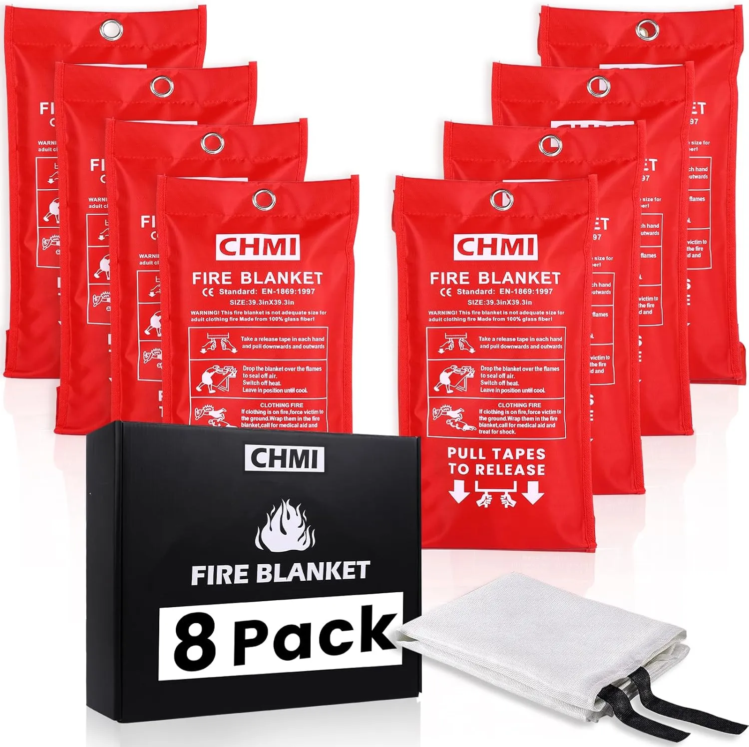 CHMI Emergency Fire Blanket - 8 Pack 39.3"x39.3" Flame Suppression Fiberglass Fire Blanket for Home and Kitchen,Flame Retardant and Thermal Insulation Design for Emergency Survival Safety.