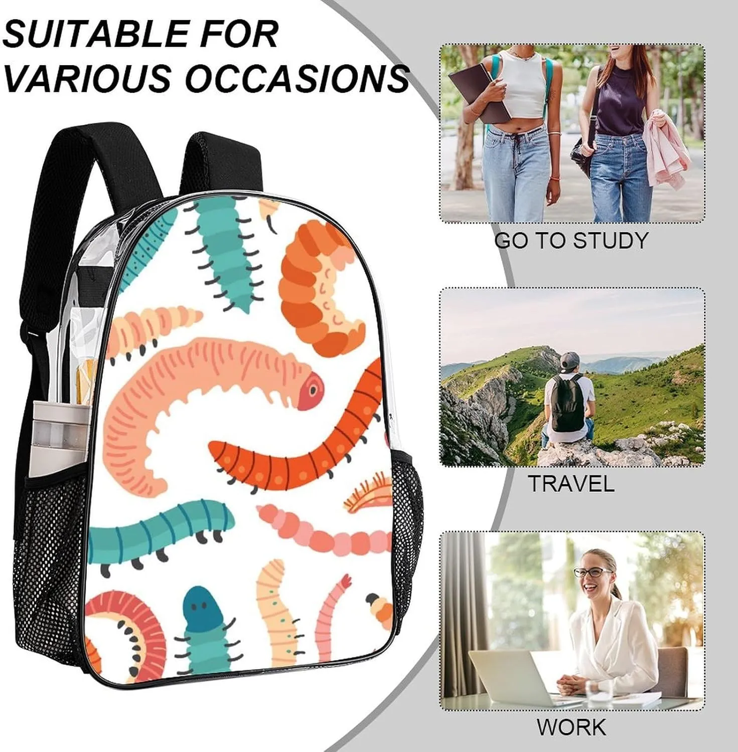 Clear Backpack Heavy Duty Summer Cute Caterpillars 16 Inch for Stadium Events Concert Travel Work Sport Hiking Waterproof Sturdy Transparent Bag for Men Women