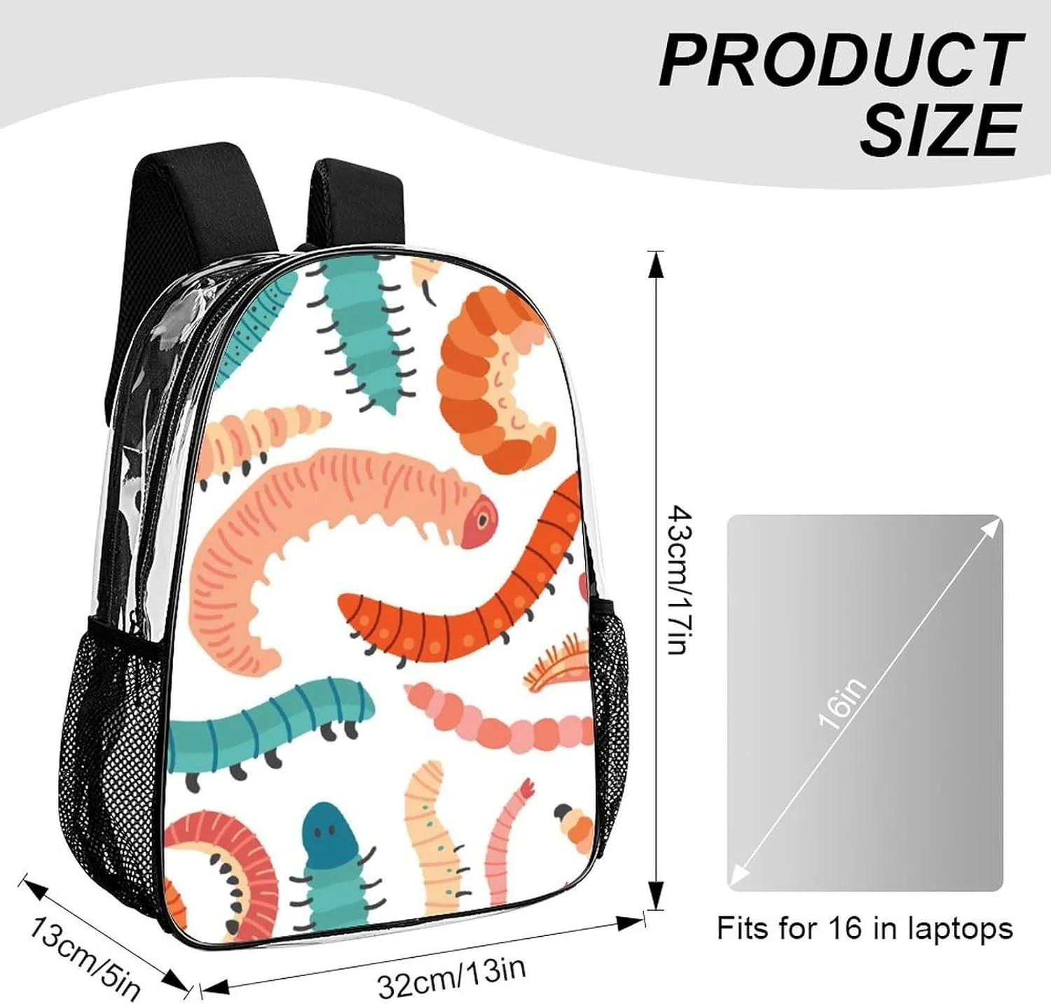 Clear Backpack Heavy Duty Summer Cute Caterpillars 16 Inch for Stadium Events Concert Travel Work Sport Hiking Waterproof Sturdy Transparent Bag for Men Women